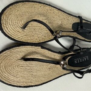 Ralph Lauren Black Patent T-Strap Espadrille Sandals with Jewel Accent